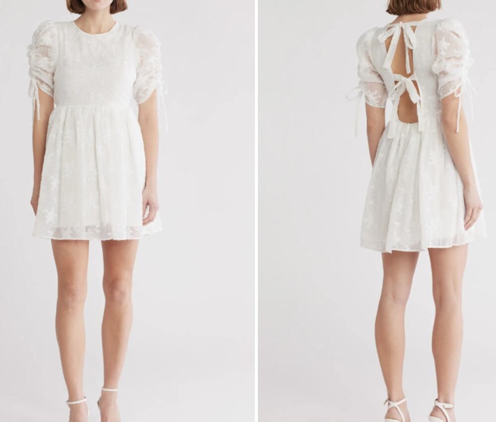 Lush White Floral Embroidery Puffy Sleeve Open Back Fit & Flare Mini Dress Small